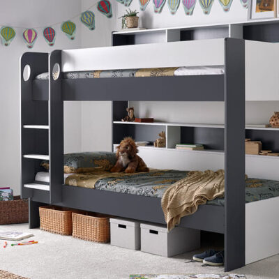 Ava Kids Storage Bunk Bed, Bedmaster_Onxy Grey & White, Pull Out Storage Drawer, One Size
