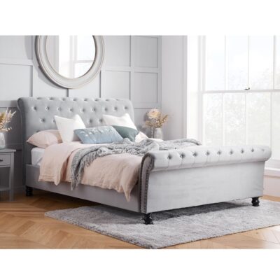 Opulence - Super King Size - Scroll Sleigh Bed - Grey - Velvet - 6ft - Happy Beds