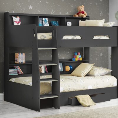 Orion - Single - Kids Bunk Bed - Storage - Dark Grey - Wooden - 3ft - Happy Beds