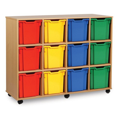 12 Jumbo Tray Storage Unit Beech Finish All Blue Trays