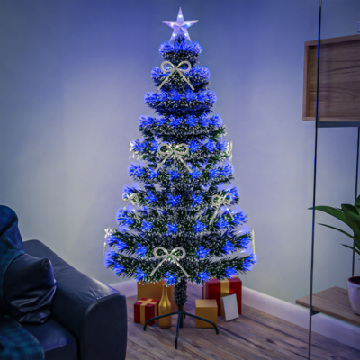White Tipped Green Fibre Optic Christmas Tree 2ft to 7ft with Blue LED Lights and White Bows, 6ft / 1.8m