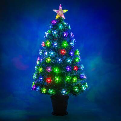 Green Fibre Optic Christmas Tree 2ft to 4ft with Multi Coloured Fibre Optics and Flowers, 3ft / 90cm