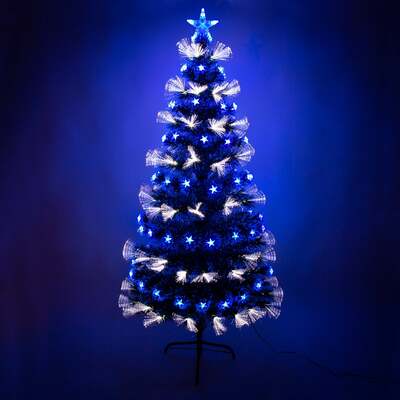Green Christmas Tree 2ft to 6ft with White Fibre Optic and Blue LED Lights and Stars, 5ft / 1.5m