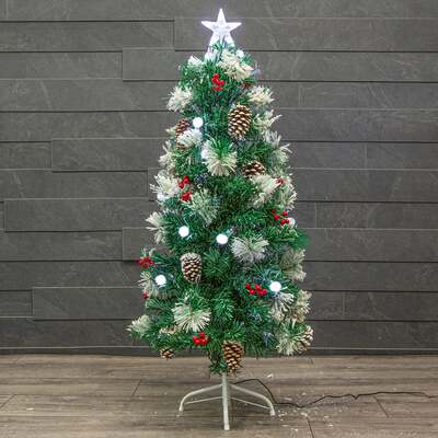 Flocked Green Pine Christmas Tree 4ft to 6ft with White Fibre Optic and LED's, Berries and Cones, 4ft / 1.2m