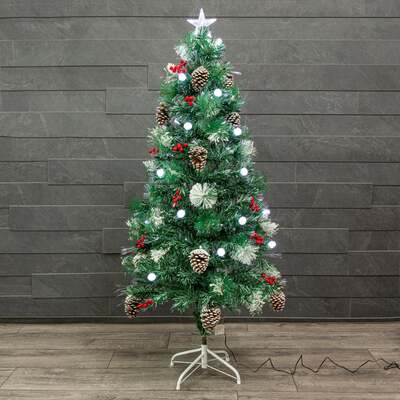 Flocked Green Pine Christmas Tree 4ft to 6ft with White Fibre Optic and LED's, Berries and Cones, 5ft / 1.5m