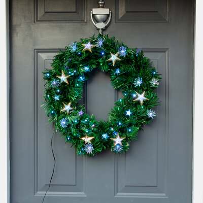 Christmas Wreath with Multi Coloured LED's, Stars and Lotus Flowers - Green 60cm