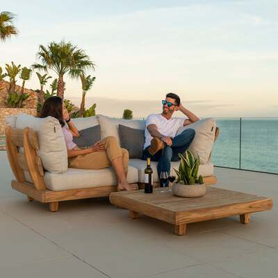Alexander Rose Outdoor Sorrento Teak Lounge Sofa with Cushion and Coffee Table, Niebla