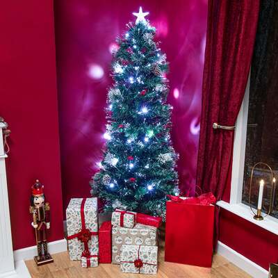 Green Pine Snowy Christmas Tree 4ft to 6ft with LED's, Berries, Cones and White Fibre Optic, 4ft / 1.2m
