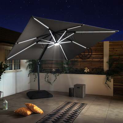 Bracken Outdoors Grey 3m x 3m Square Cantilever Parasol With Free Base Solar LED Lights
