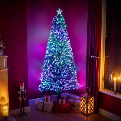 Green Fibre Optic Christmas Tree 2ft - 7ft with Multi Coloured Fibre Optic Lights and Red Berries, 5FT