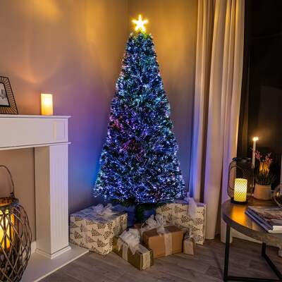 2ft - 7ft Green Fibre Optic Christmas Tree with Multi Coloured Fibre Optic Lights, 7FT