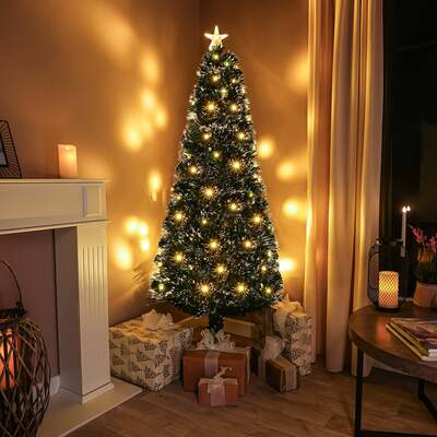 2ft - 7ft Green Fibre Optic Christmas Tree with Warm White LED's and Fibre Optic Lights, 5FT