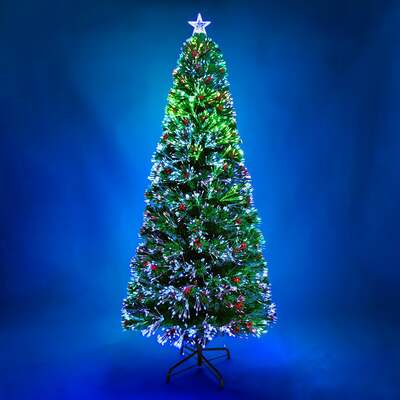 2ft - 6ft Green Fibre Optic Christmas Tree with Multi Coloured Fibre Optic Lights and Red Berries, 7FT