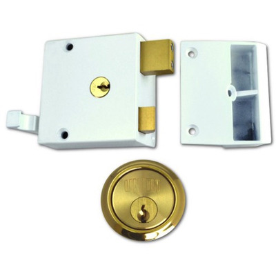 Union 1332 & 1334 Drawback Rimlock, White With Polished Brass Cylinder - 9956 POLISHED BRASS CYLINDER - STANDARD WIDTH 60mm