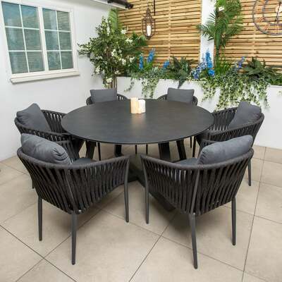 Bracken Outdoors Maldives Rope 6 Seat Round Aluminium Garden Furniture Dining Set, Early May 2025