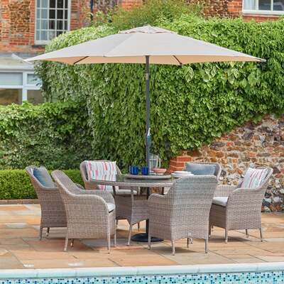 LG Outdoor Monte Carlo Sand Rattan Weave 6 Seat Garden Furniture Dining Set with Lazy Susan