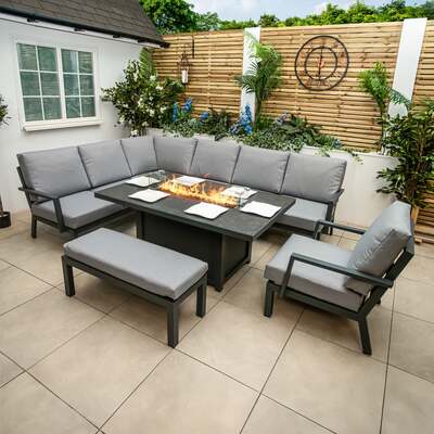 Bracken Outdoors Miami Dark Aluminium Rectangular Corner Set with Firepit Table, Bench and Arm Chair