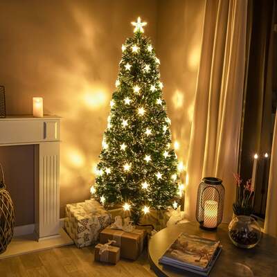 2ft - 6ft Green Fibre Optic Christmas Tree with Warm White Fibre Optics, LED Lights and Stars, 4FT