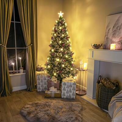 Green Fibre Optic Christmas Tree 3ft - 7ft with Berries, Cones and Warm White LED Stars, 6FT