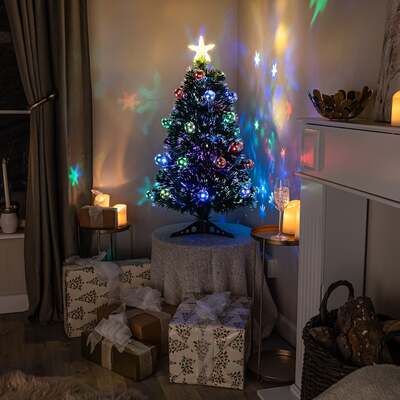 2ft - 7ft Green Fibre Optic Christmas Tree with Multi Coloured LED Lights and Baubles, 3FT