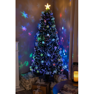 2ft - 7ft Green Fibre Optic Christmas Tree with Multi Coloured LED Lights and Baubles, 6FT