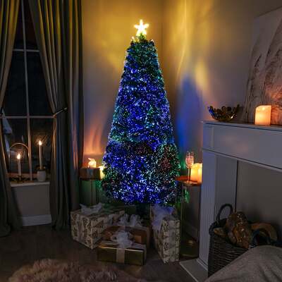 2ft - 7ft Green Pin Prick Fibre Optic Christmas Tree with Multi Coloured Fibre Optic Lights, 4FT