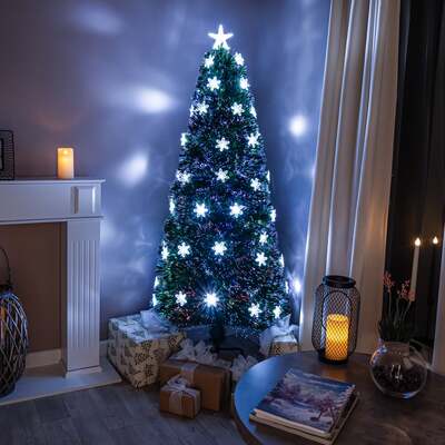 Green Fibre Optic Christmas Tree 2ft - 6ft with Multi Coloured Fibre Optics, White LED Lights and Snowflakes, 6FT