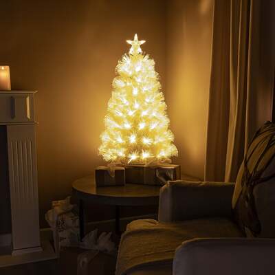 White Fibre Optic Christmas Tree with Feathery Warm White Fibre Optic Lights 2ft - 7ft, 3FT