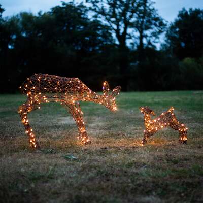 Christmas Reindeer Lights - 1M Brown Wicker Light Up Mother & Baby with 250 White LEDs
