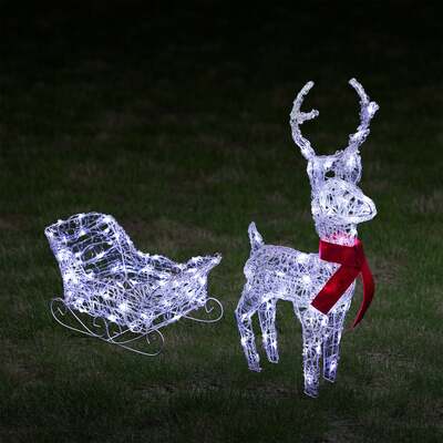 Pre-Lit Christmas Reindeer - 68cm Soft Acrylic Light Up Reindeer & Sleigh with 120 White LEDs
