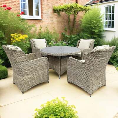 Bracken Outdoors Richmond 4 Seat Rattan Round Garden Furniture Dining Set, Early May 2025