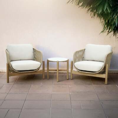 Bracken Outdoors Hampton Acacia Wood and Rope Duo Lounge Chair and Side Table Garden Furniture Set