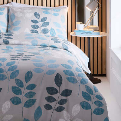 Polycotton Teal Leaf  - Extra Large Single Duvet Cover Set