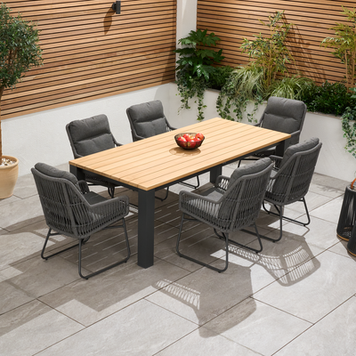 Bracken Outdoors Colorado Rope 6 Seat Rectangular Aluminium Teak Garden Dining Set, Mid May 2025