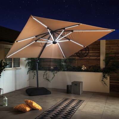 Bracken Outdoors Ecru 3m x 3m Square Cantilever Parasol With Free Base Solar LED Lights