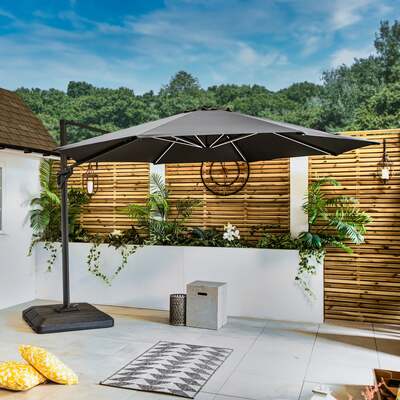 Bracken Outdoors Grey 3.3m Round Cantilever Parasol With Free Base Solar LED Lights