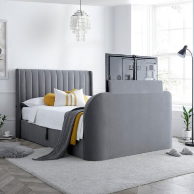 Luther - Super King Size - Electric Winged Ottoman Storage TV Bed - Grey - Velvet - 6ft - Happy Beds