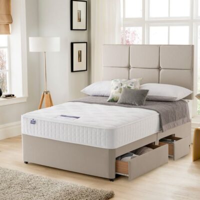 Silentnight Essentials Memory Mirapocket 1000 Divan Bed Set, Small Double, Half Ottoman + 2 Drawers, Matching Castello Headboard, Slate Grey